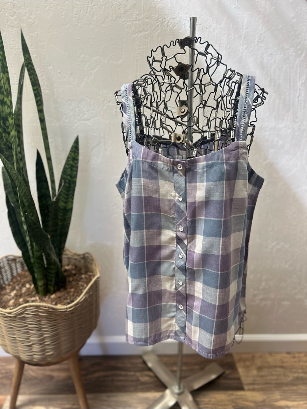 North River Plaid Button‎ Front Tank Top Blue Purple Casual M NWT